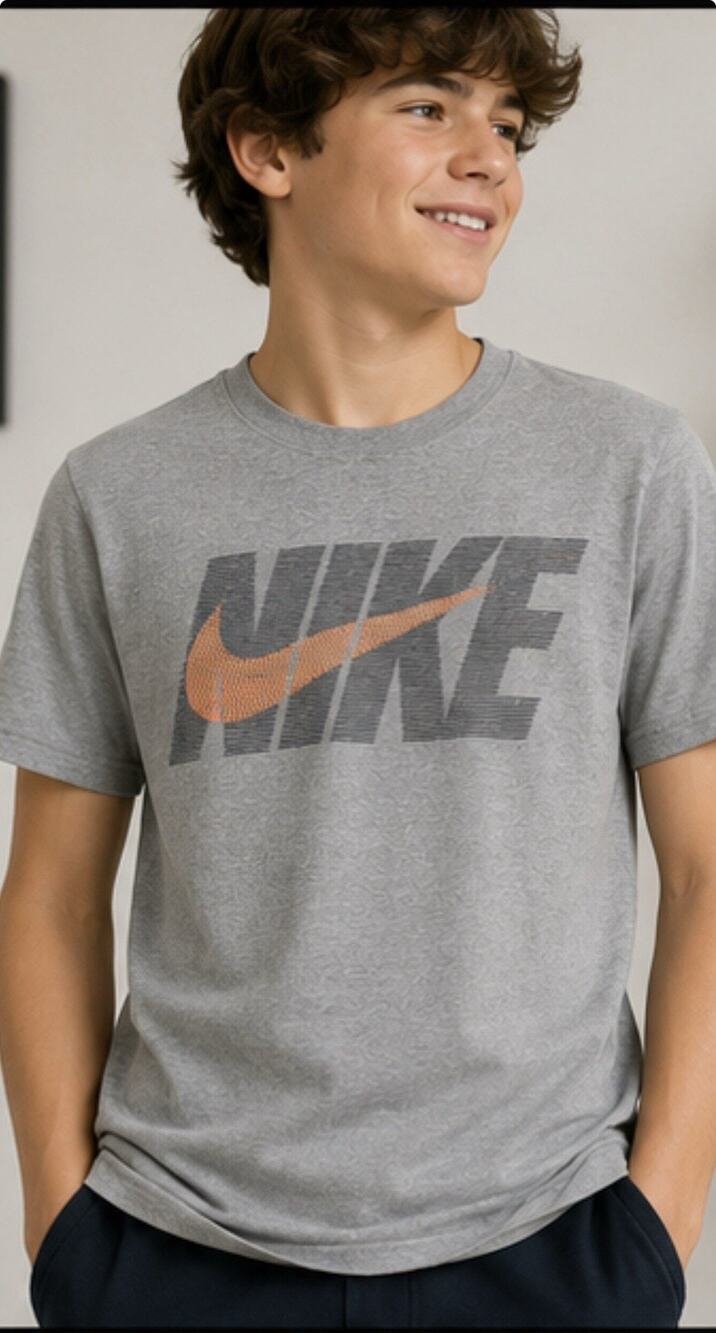 Nike Logo Graphic T-Shirt Gray Orange Regular Fit Youth Small
